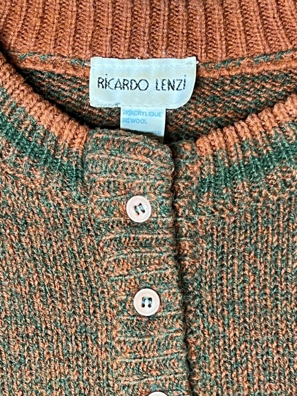 Ricardo Lenzi Men's Brown Green Orange Knit Henley Sweater w/ Button‎ Accent